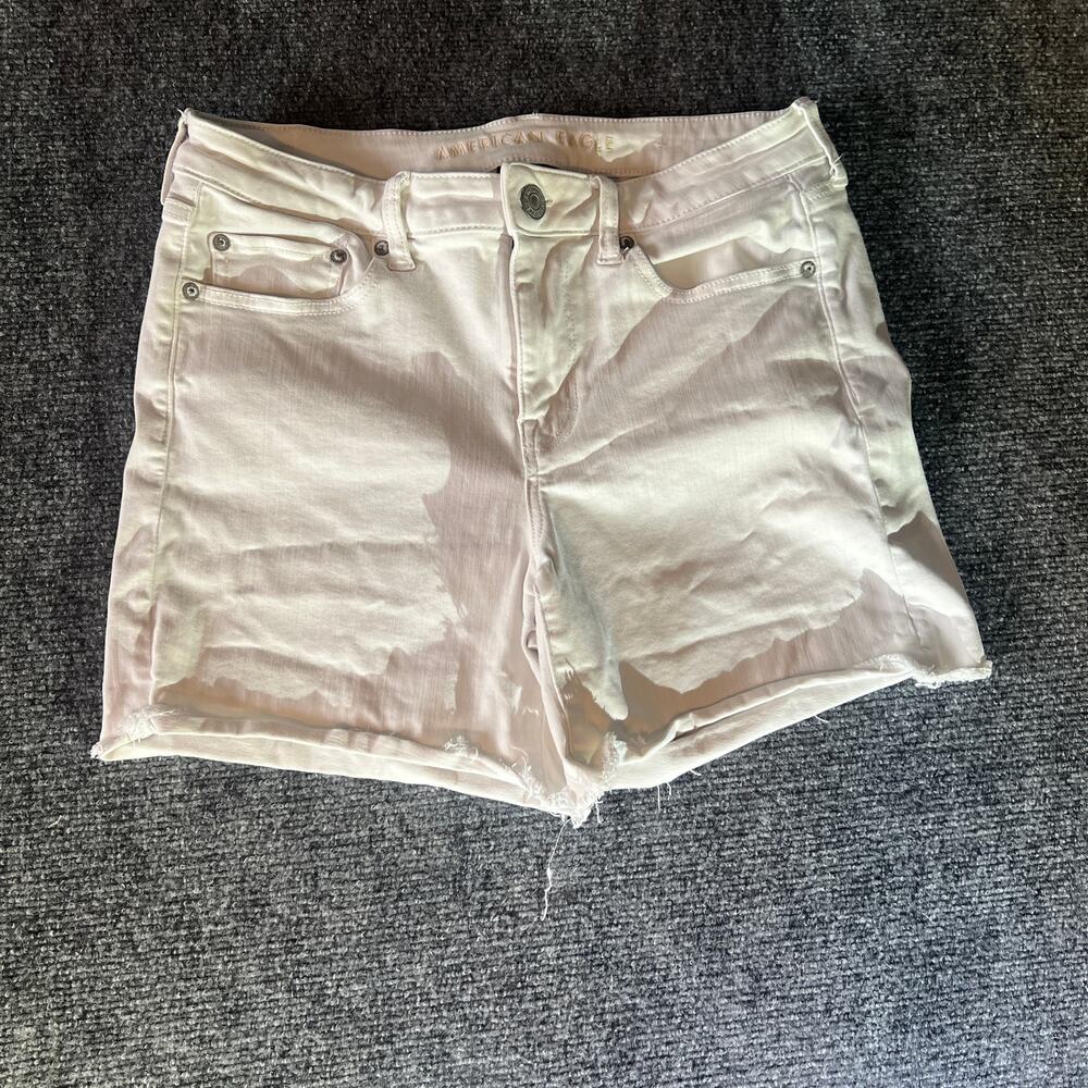 American Eagle Womens 14 White Denim Midi Shorts Next Level Stretch Raw Hem